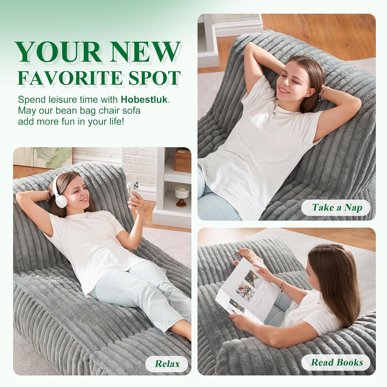 Bean Bag Chairs for Adults Giant Bean Bag Chair Memory Foam BeanBag Chair Bean Bag Sofa with Filler Faux Fur Fireside Beanbags Lazy Sofa for Living Room Bedroom Office (Grey, Large)