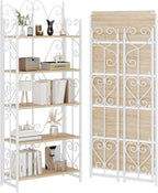 JSB 5 Tier Folding Bookshelf,Industrial Storage Shelves, No Assembly Vintage Wood Look Bookshelf with Storage Shelves for Living Room, Bedroom, Office (White)