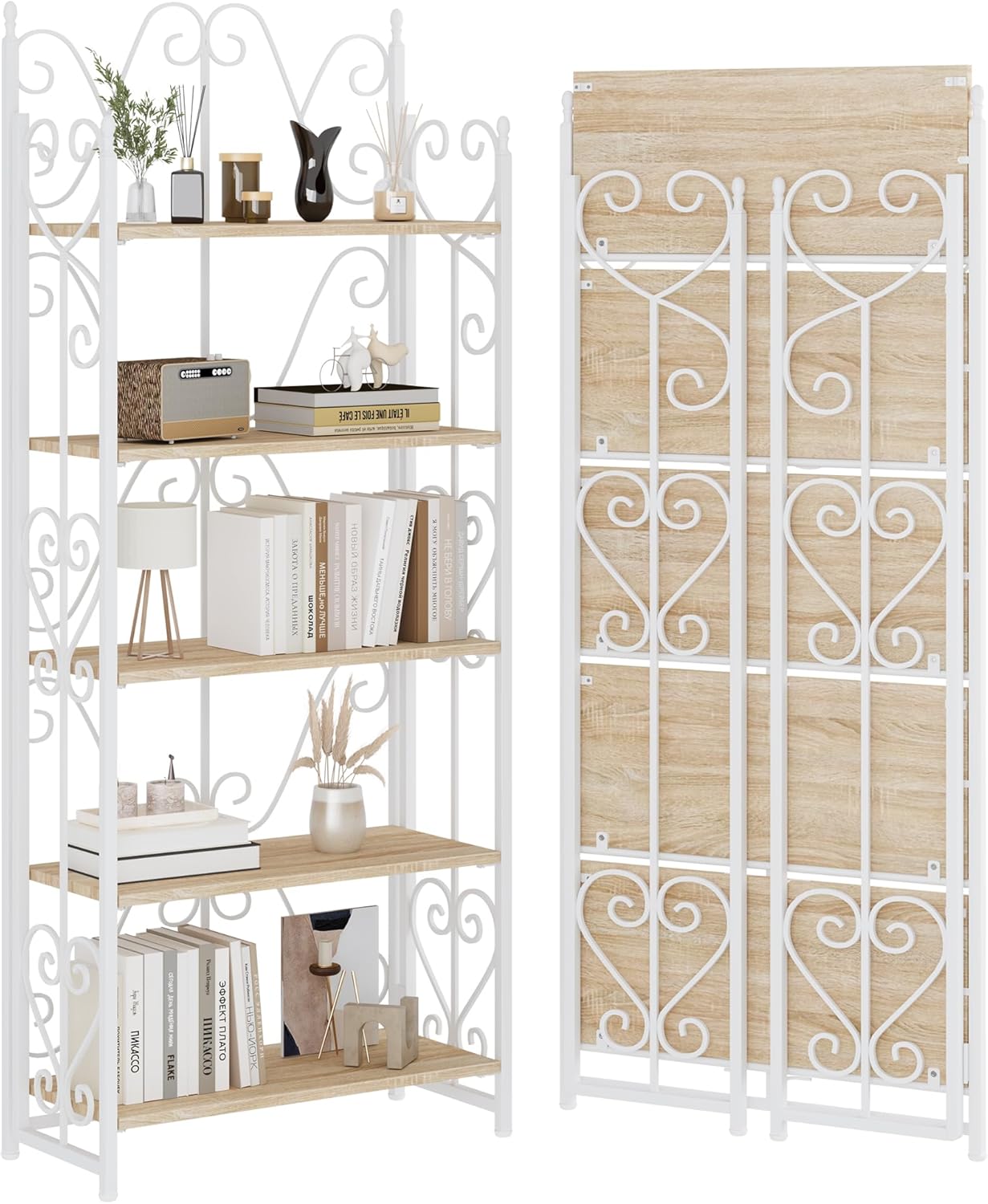 JSB 5 Tier Folding Bookshelf,Industrial Storage Shelves, No Assembly Vintage Wood Look Bookshelf with Storage Shelves for Living Room, Bedroom, Office (White)