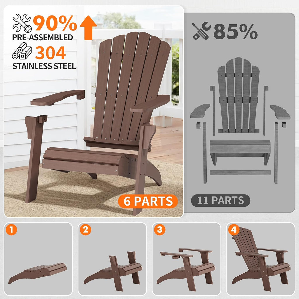 Psilvam Adirondack Chair, Oversized Poly Lumber Fire Pit Chair with Cup Holder, 350Lbs Support Patio Chairs for Garden, Weather Resistant Adirondack Chair Looks Like Real Wood (2, Brown)