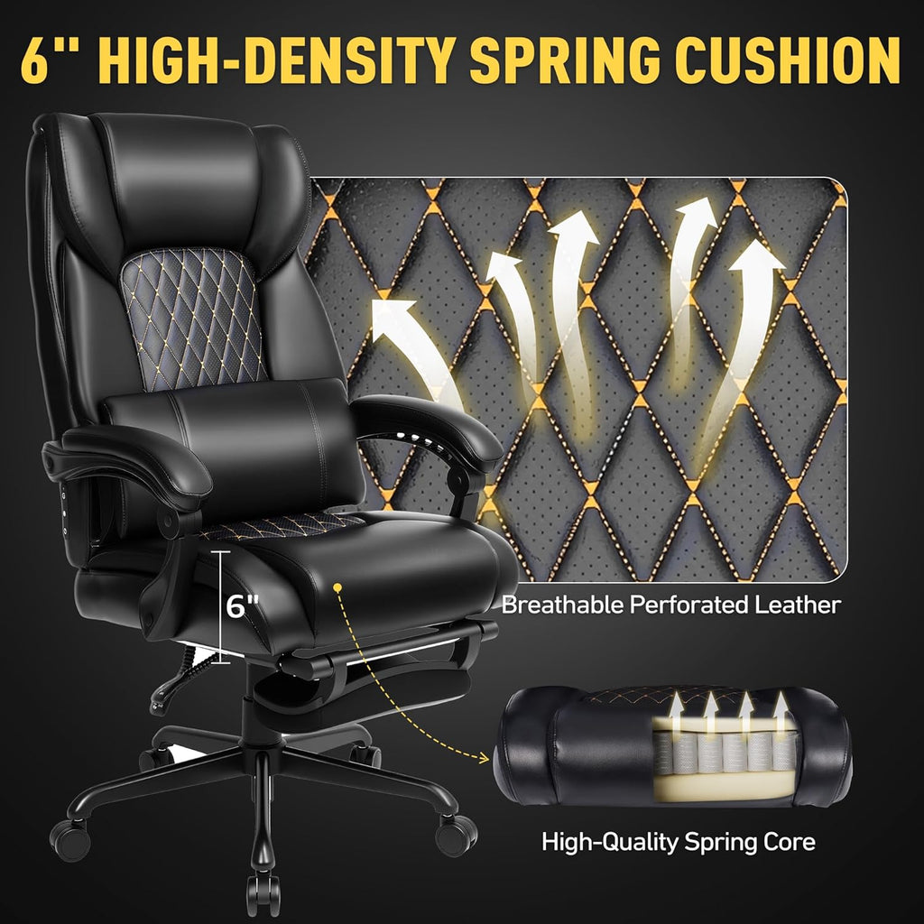 3D Kneading Massage Office Chair with Heat, 500 lbs Big and Tall Executive Computer Desk Recliner, Leather Electric Heated Chair with Footrest, Black
