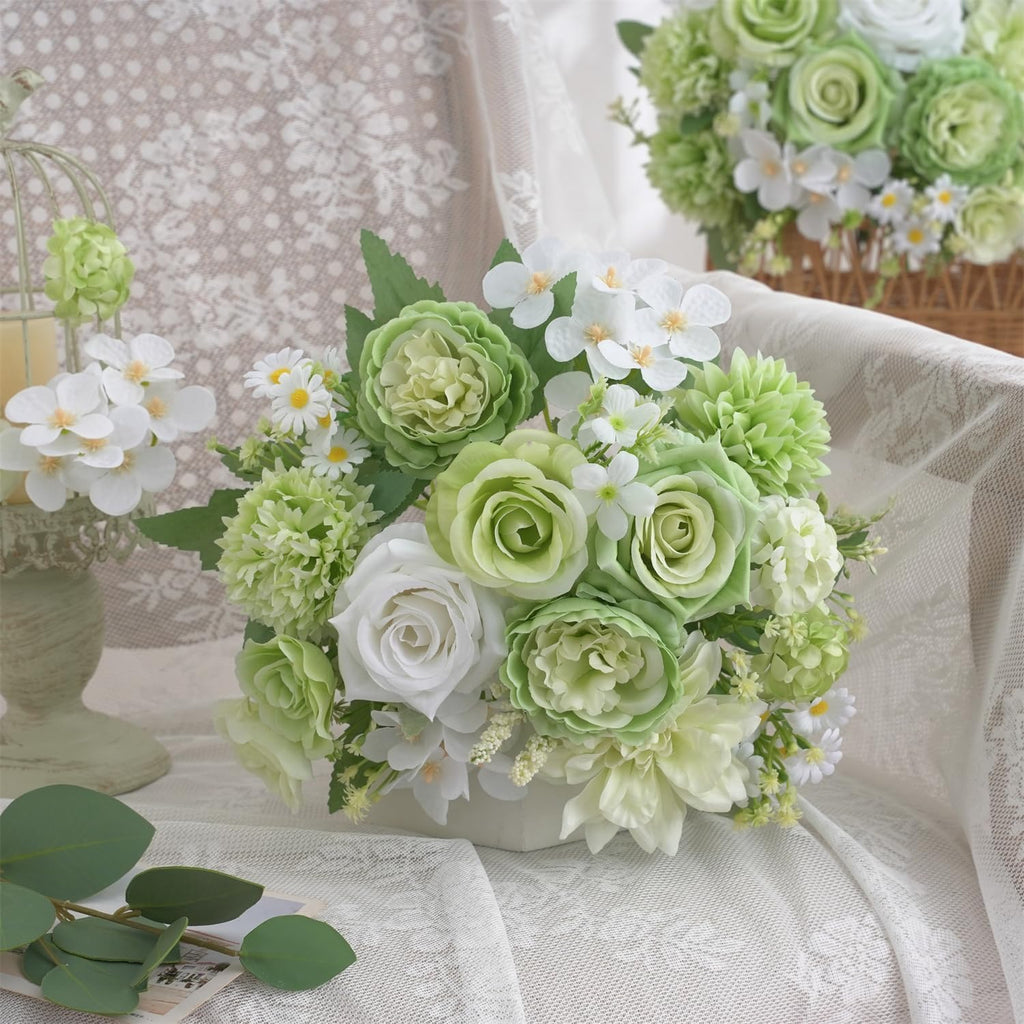 4 Pcs Mixed Artificial Flowers Set, Small Artificial Peony Bouquet Fake Rose Flower Silk Floral Arrangements for Table Centerpiece Home Wedding Party Bridal Decoration(Green, 2 Bouquets & 2 Stems)