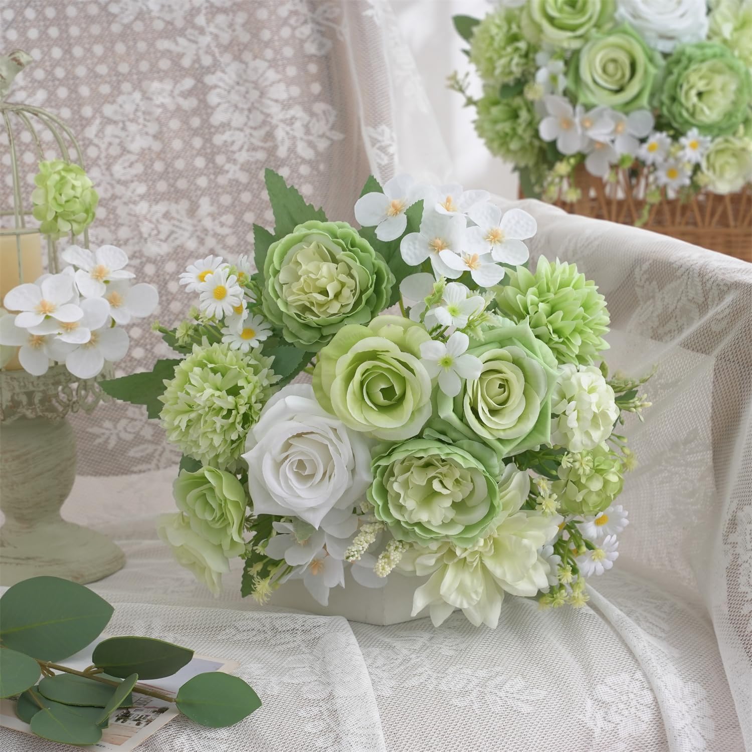 4 Pcs Mixed Artificial Flowers Set, Small Artificial Peony Bouquet Fake Rose Flower Silk Floral Arrangements for Table Centerpiece Home Wedding Party Bridal Decoration(Green, 2 Bouquets & 2 Stems)