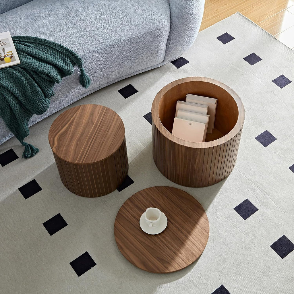 Nesting Coffee Table Set of 2 Modern Round Coffee Tables End Table with Storage Natural Wood Veneer for Living Room Apartment Small Space (Walnut, 19 Inch)