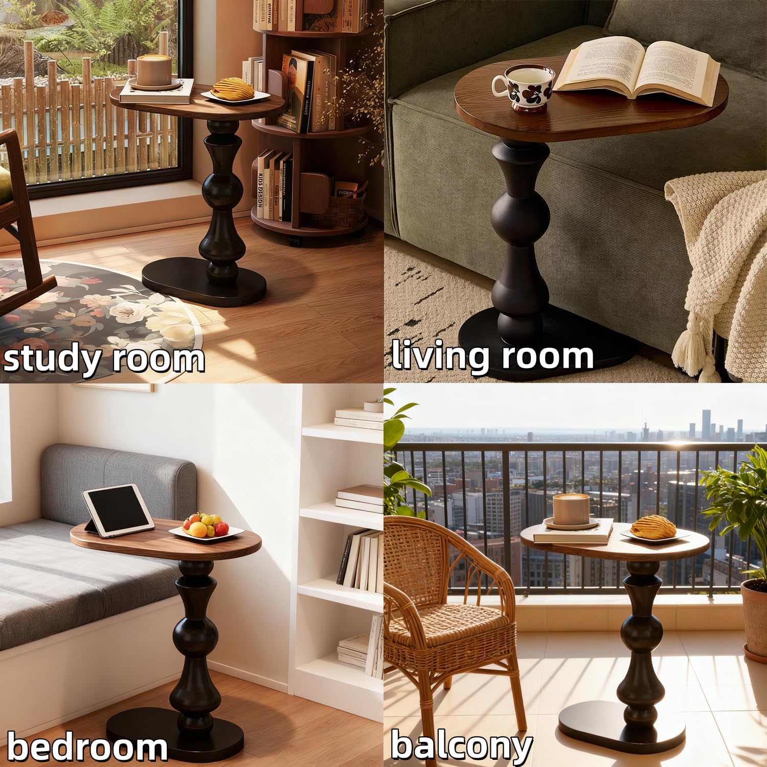 YUNMUARY-C Shaped End Table Solid Wood C Side Table for Couch Black Small Bedside Table Wood Nightstand Modern End Tables Living Room Space-Saving Small Coffees Tables Wooden Side Tables for Bedroom