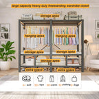 Foldable Portable Closet Wardrobe on Wheel Heavy Duty Metal Clothing Rack with Cover Freestanding Armoire Storage System Rolling Garment Racks for Hanging Clothes (C,Grey Cover, 66.1in/168cm)