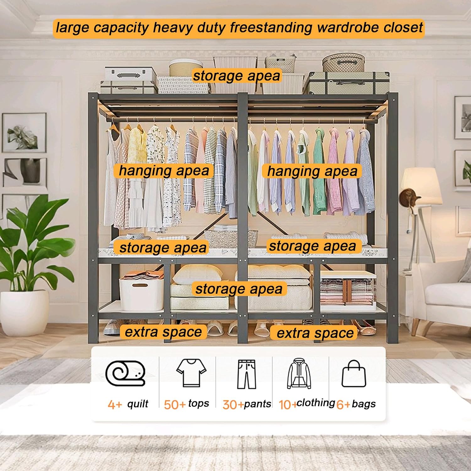 Foldable Portable Closet Wardrobe on Wheel Heavy Duty Metal Clothing Rack with Cover Freestanding Armoire Storage System Rolling Garment Racks for Hanging Clothes (C,Grey Cover, 66.1in/168cm)