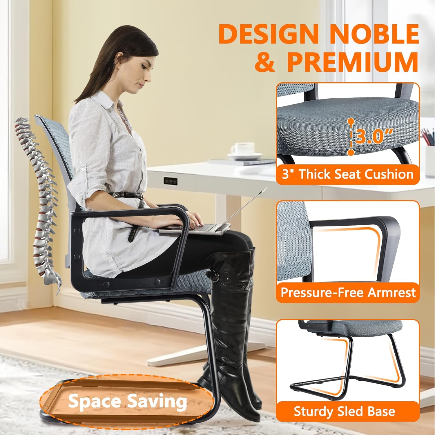 CLATINA Office Guest Chair with Adjustable Lumbar Support and Mesh Back Computer Chairs with Sled Base Desk Chair no Wheels for Reception Conference Room Waiting Guest Study Room Gray 1PK