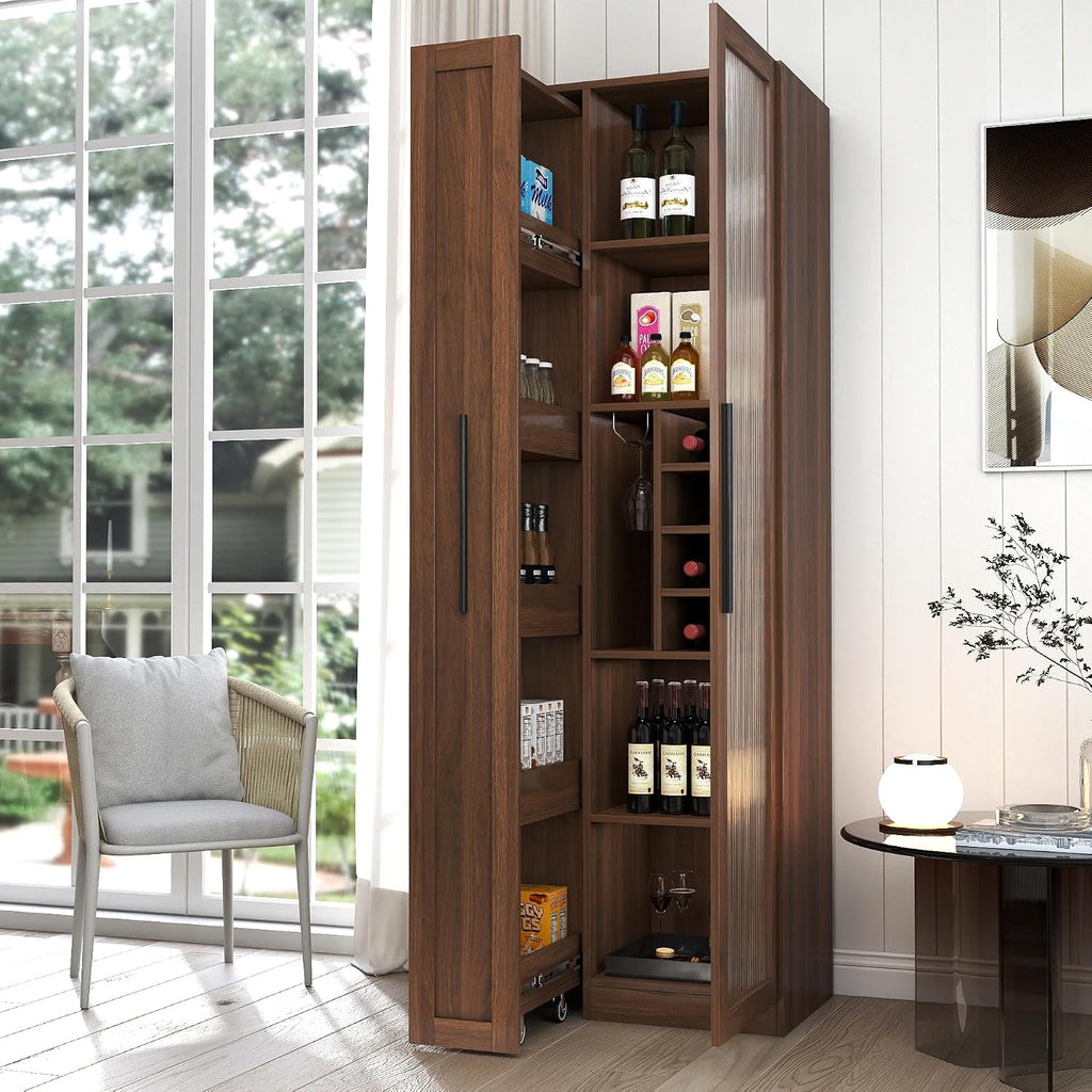 Kitchen Pantry Cabinet with Pull-Out 5-Tier Storage Shelf Space Saving Storage Organizer Cabinet with Glass Door Wine Racks Cup Holder for Kitchen, Dining Room, Bar, Walnut