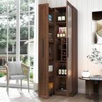 Kitchen Pantry Cabinet with Pull-Out 5-Tier Storage Shelf Space Saving Storage Organizer Cabinet with Glass Door Wine Racks Cup Holder for Kitchen, Dining Room, Bar, Walnut