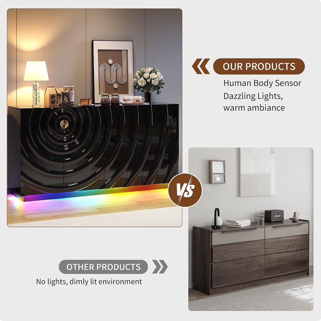 LVSOMT 63" High-Gloss Sideboard Buffet Cabinet with Storage, Large Coffee bar Cabinet with RGB Lights and Power Outlet, Modern Console with 4 Doors for Kitchen and Living Room, Black
