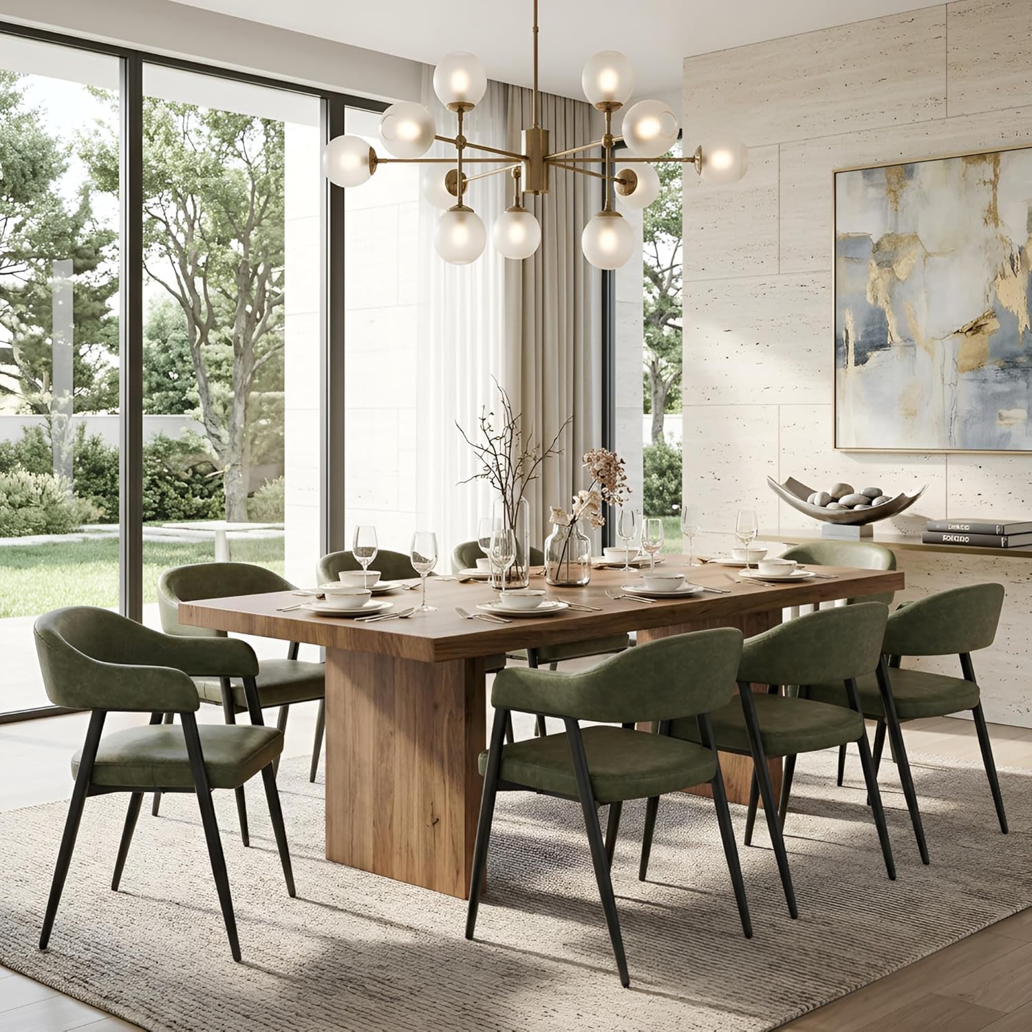 HNY Modern Dining Room Arm Chairs Set of 6, Green Retro Faux Leather Upholstered Barrel Dining Chairs with Arms Mid-Century Accent Chair with Metal Legs, Open-Back Kitchen Side Chairs for Living Room