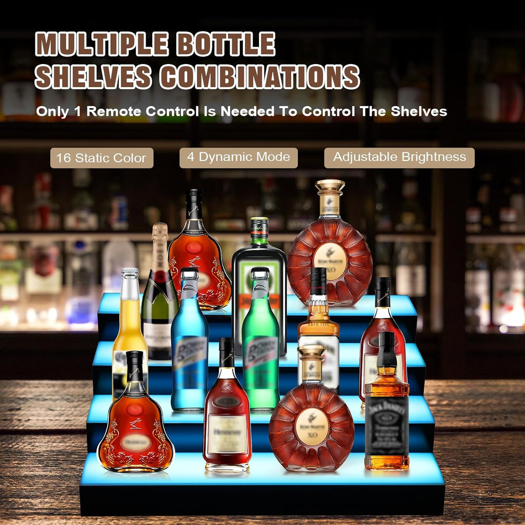 FAHKNS LED Lighted Liquor Bottle Display, 4 Tiers 16 Inch LED Liquor Shelves with RF Remote, Liquor Bottle Accessories Shelf for Home Bar, 16 Static Colors 4 Dynamic Mode