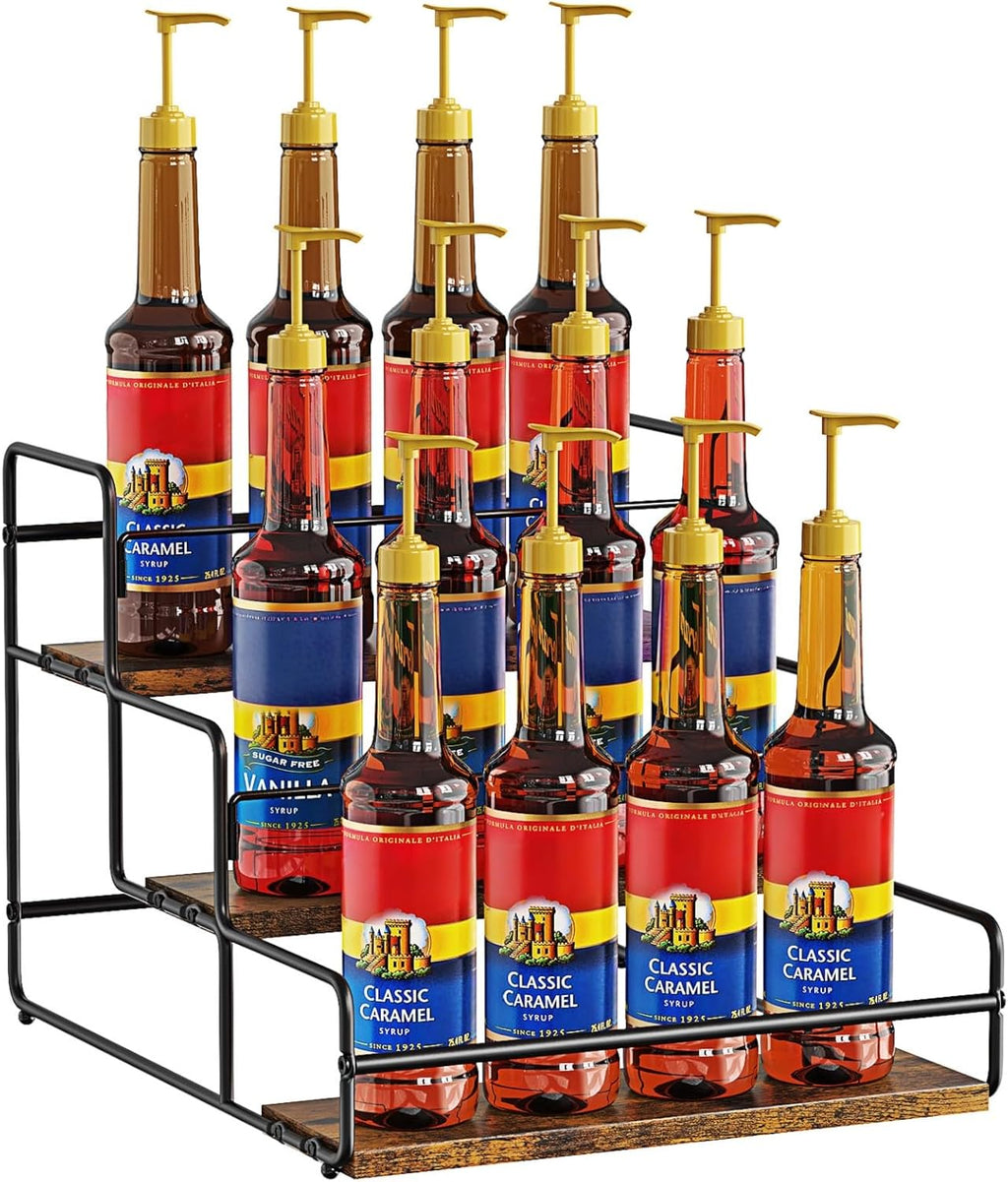 Nuovoware 3-Tier 12 Bottles Coffee Syrup Organizer, Separable Metal Rack with Wooden Base Whiskey Wine Dressing for Bar Countertop Kitchen