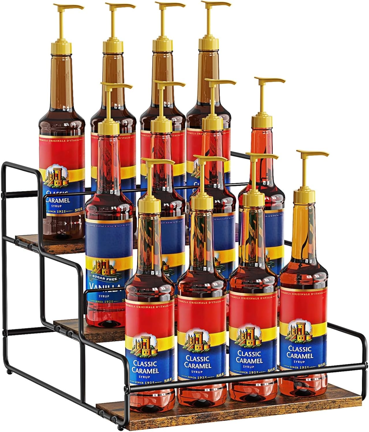 Nuovoware 3-Tier 12 Bottles Coffee Syrup Organizer, Separable Metal Rack with Wooden Base Whiskey Wine Dressing for Bar Countertop Kitchen