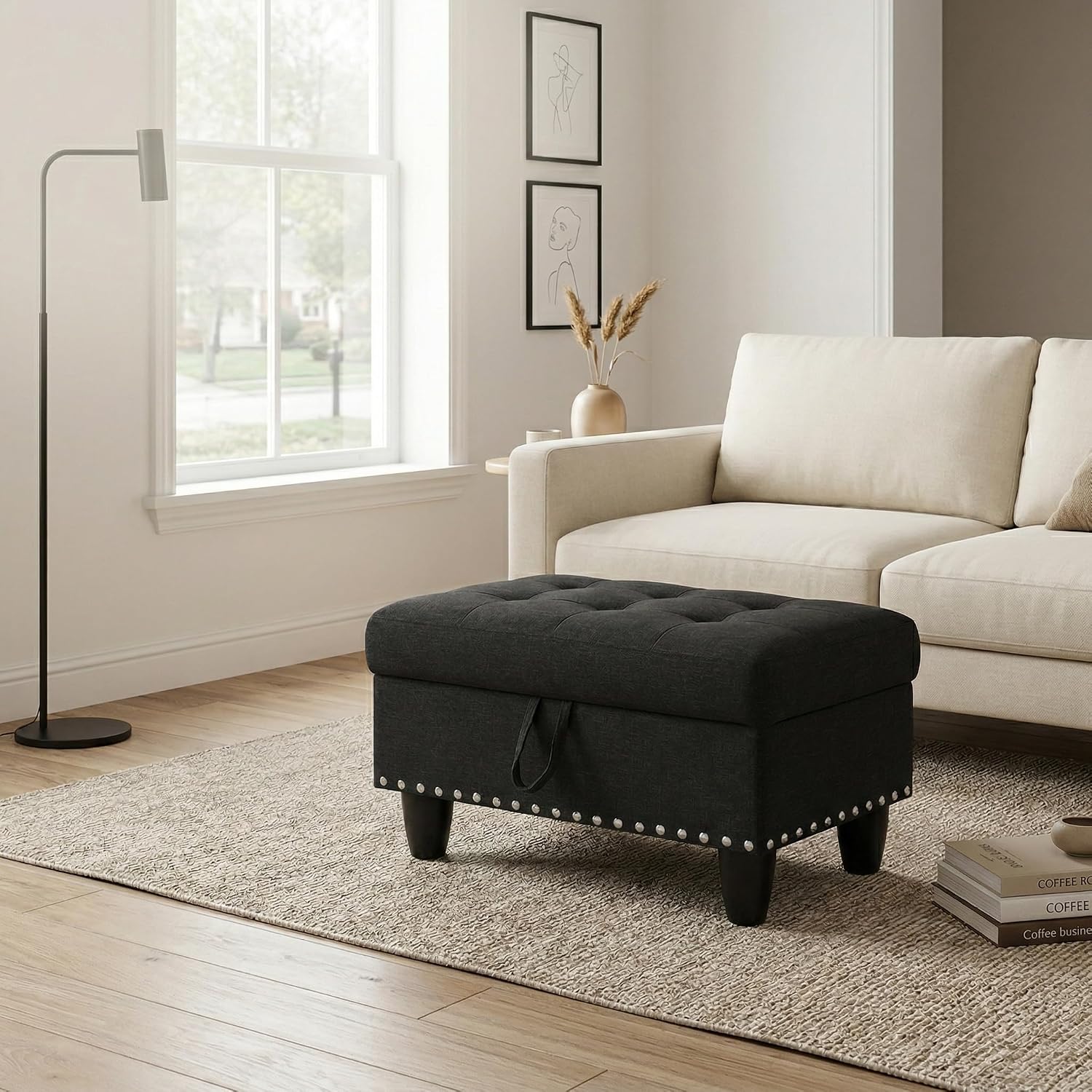 28.5 Inch Storage Ottoman Bench, Upholstered Ottoman with Hidden Storagefor Bedroom Living Room, End of Bed Foot Rest Stool, Charcoal Gray