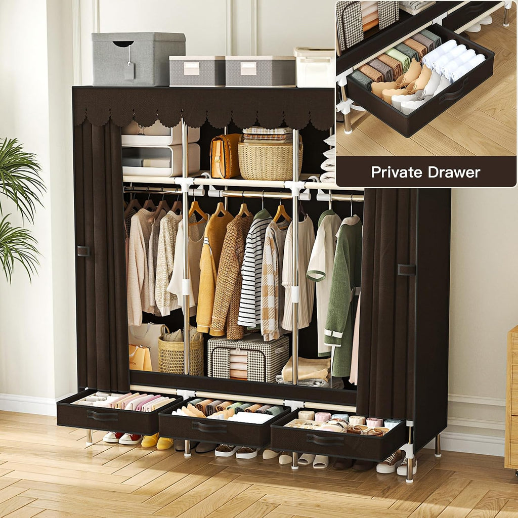 Portable Wardrobe 3 Rods 3 Drawers 3 Compartments Non-Woven Fabric Metal Frame Small Room (Brown, 57.5 in)
