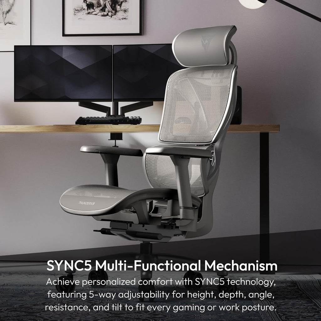ThunderX3 XTC Ergonomic Office Chair, for Adults Gaming Chair, High Back Desk Chair, Synchronous Tilt, Self-Adjusting Lumbar Support and Backrest, Adjustable Headrest, Breathable Mesh, Grey