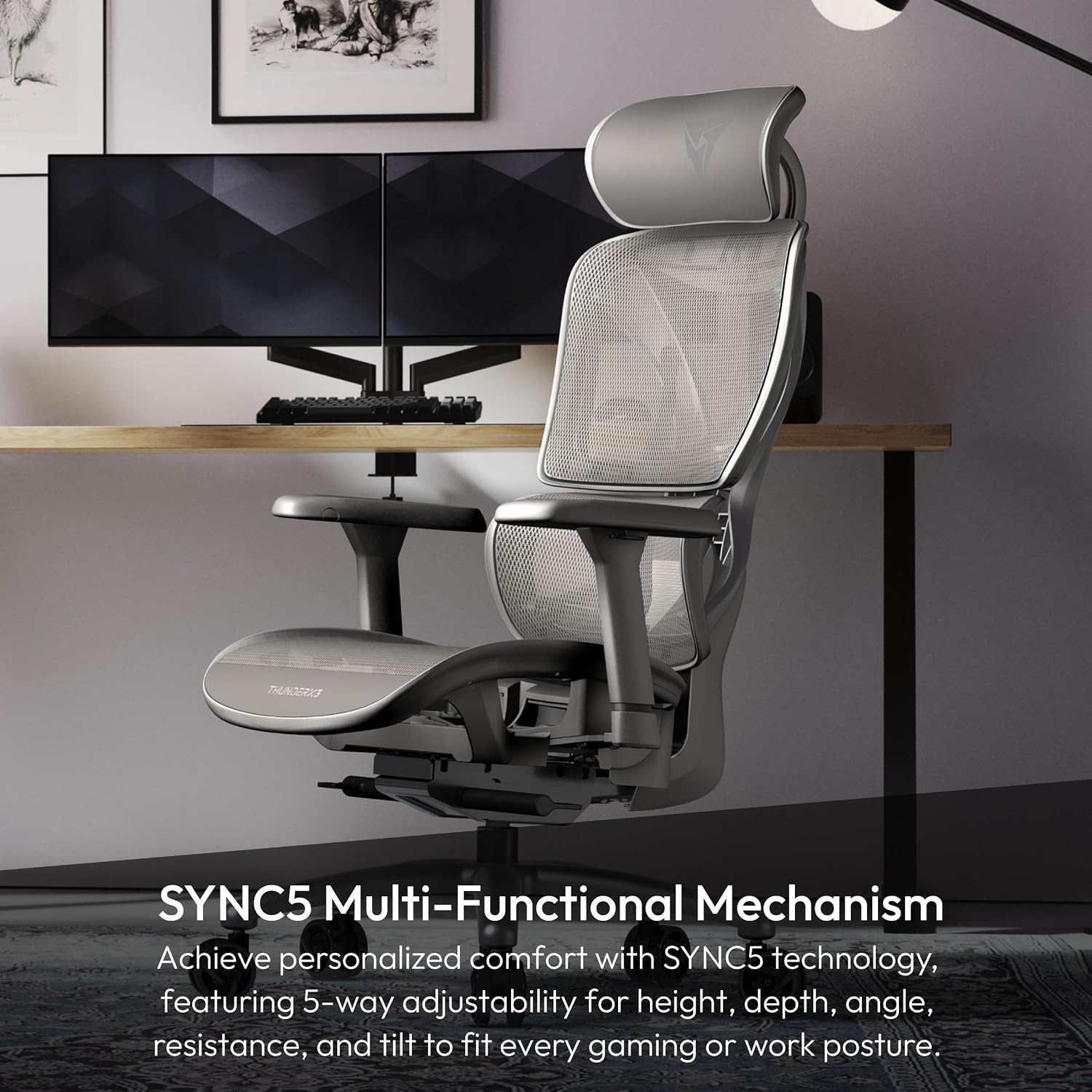 ThunderX3 XTC Ergonomic Office Chair, for Adults Gaming Chair, High Back Desk Chair, Synchronous Tilt, Self-Adjusting Lumbar Support and Backrest, Adjustable Headrest, Breathable Mesh, Grey