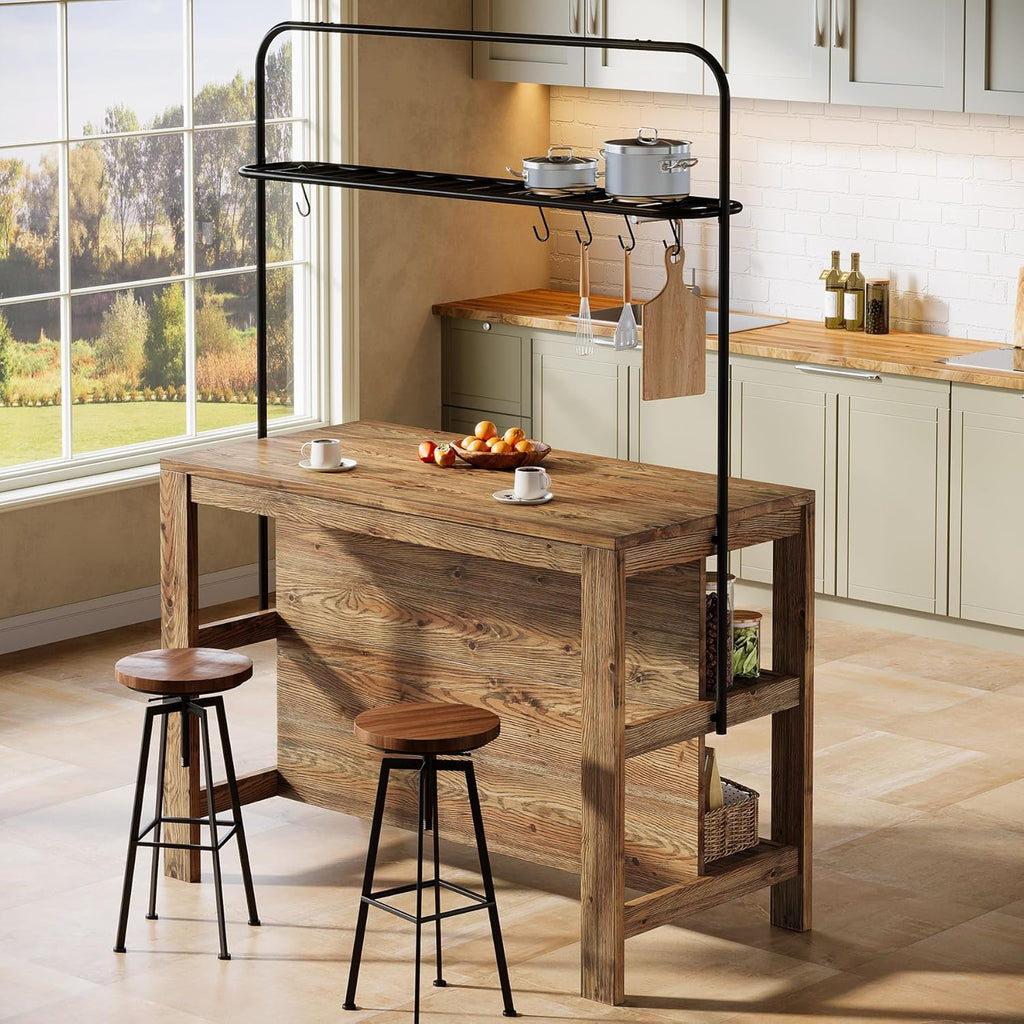 Solid Wood Kitchen Island with Storage, 47-Inch Farmhouse Stationary Island Table with Seating and 5 Hooks, Counter Height Bar Table for Kitchen, Dining Room, Rustic Brown