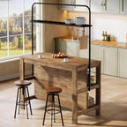 Solid Wood Kitchen Island with Storage, 47-Inch Farmhouse Stationary Island Table with Seating and 5 Hooks, Counter Height Bar Table for Kitchen, Dining Room, Rustic Brown