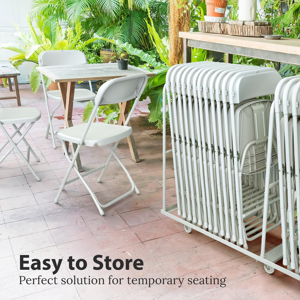 Our Modern Space 10 Pack Foldable Plastic Chair | Folding & Stackable | 350 lbs Capacity Steel Frame Seats for Indoor Outdoor | Commercial Use Events Wedding Party Bulk Picnic Kitchen Dining - White