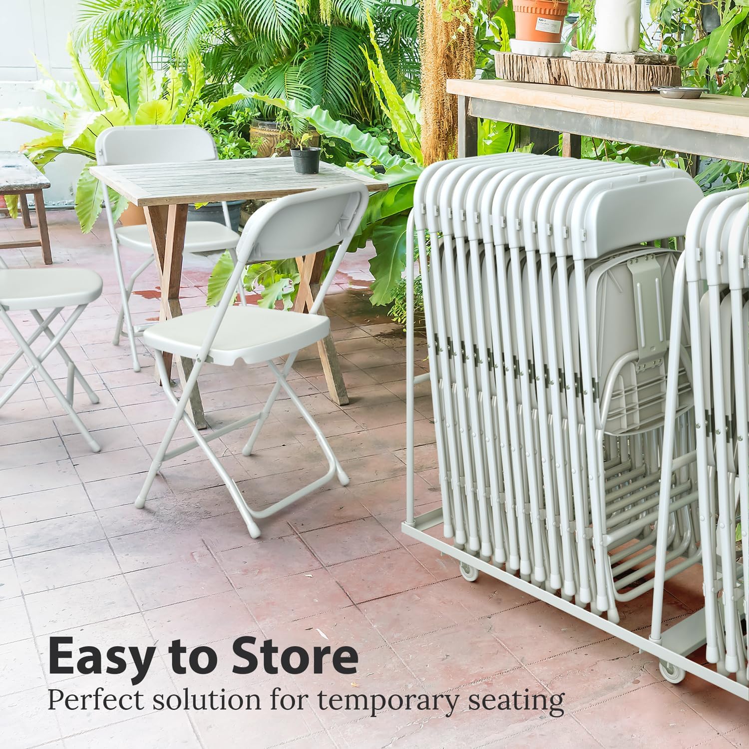 Our Modern Space 10 Pack Foldable Plastic Chair | Folding & Stackable | 350 lbs Capacity Steel Frame Seats for Indoor Outdoor | Commercial Use Events Wedding Party Bulk Picnic Kitchen Dining - White