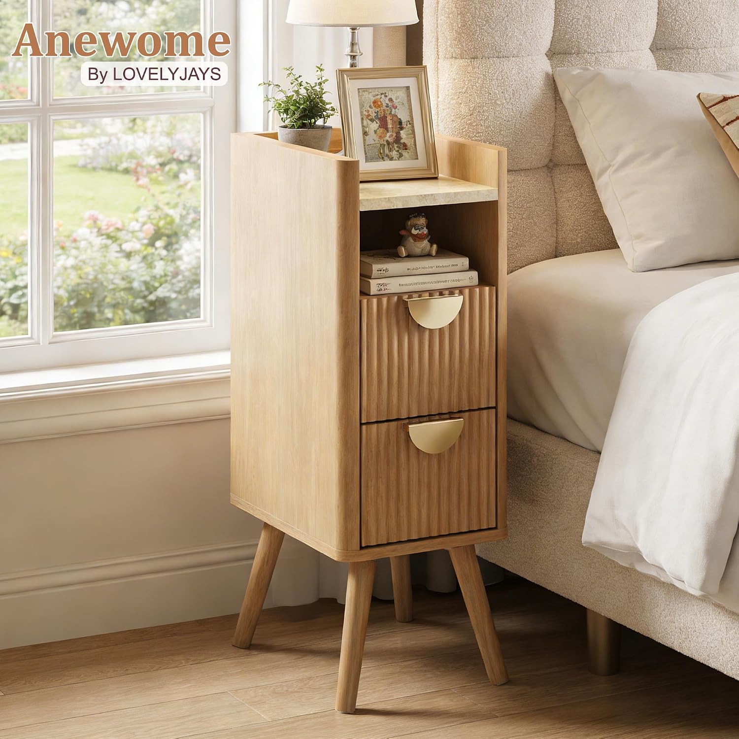 26.4" Tall Narrow Nightstand, 9.8" Wide Fluted End Table with 2 Drawer & Open Shelf, Wood Night Stand w/Rounded Corner, Slim Side Table for Bedroom/Entryway/Living Room, Natural