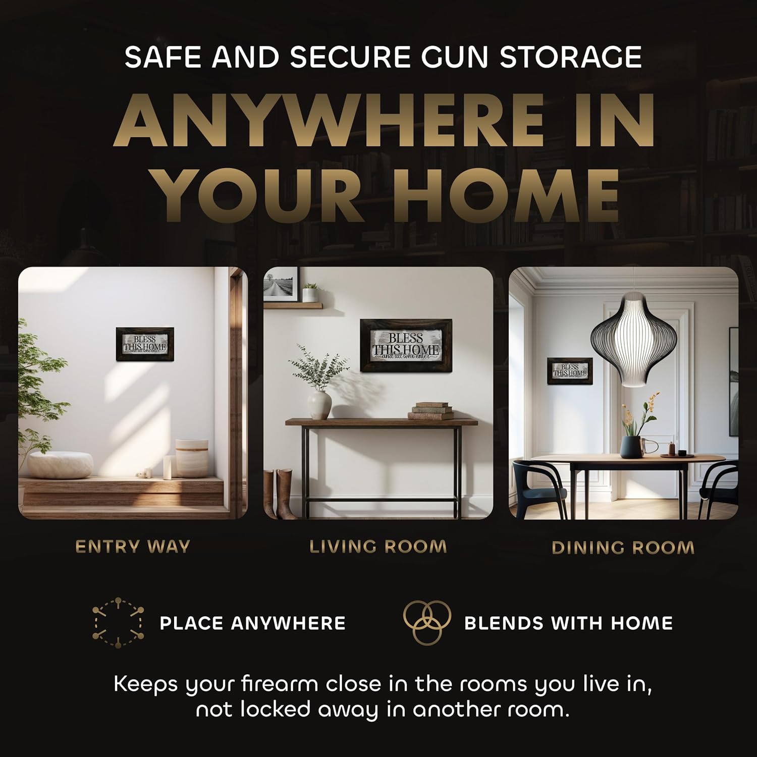 Bless This Home and All Who Enter Hidden Gun Storage Wall Decor - Hand-Painted Gun Concealment Decor - Gun Shelf Hidden Storage with Magnetic Lock for Quick Access - Made In USA by Bellewood Designs