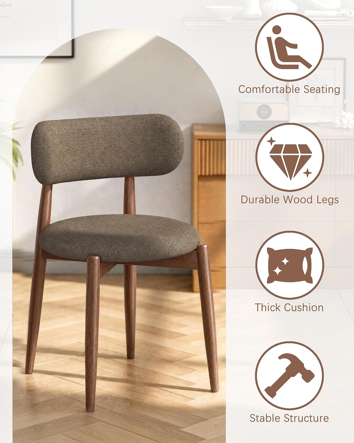 Wooden Dining Chairs Set of 4, Mid Century Modern Upholstered Kitchen Chairs with Solid Wood Legs, 350lb Heavy Duty Padded Side Chairs for Dining Room & Vanity, Camel