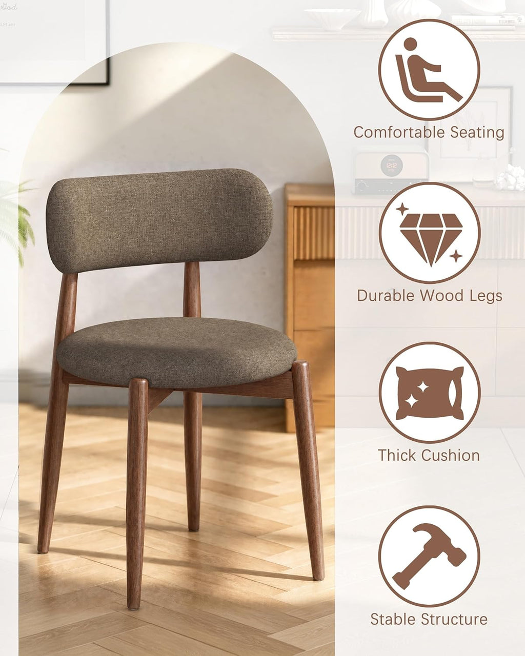 Wooden Dining Chairs Set of 4, Mid Century Modern Upholstered Kitchen Chairs with Solid Wood Legs, 350lb Heavy Duty Padded Side Chairs for Dining Room & Vanity, Camel