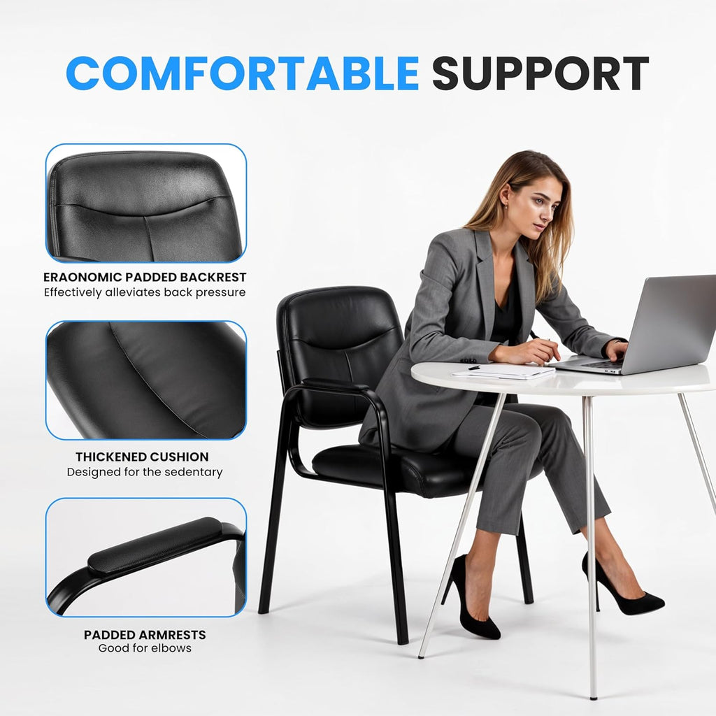 HealSmart Office Reception Guest Chair with Leather Padded Arm Rest for Waiting Room, Lobby Home Desk Table Side Chairs for Elderly, Seniors, Black