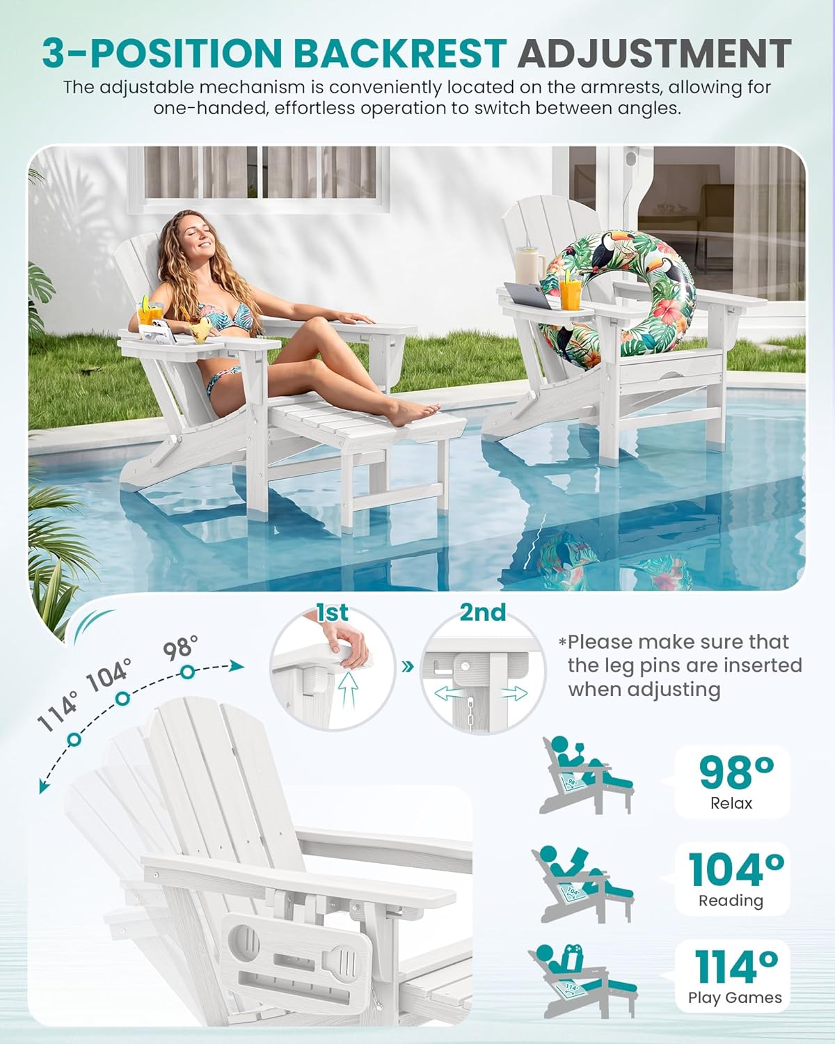 SERWALL Folding Adjustable Adirondack Chairs with Footrest Set of 2, HDPE Outdoor Chair with 4-in-1 Cup Holders, All Weather Adirondack Chair with Ottoman, White