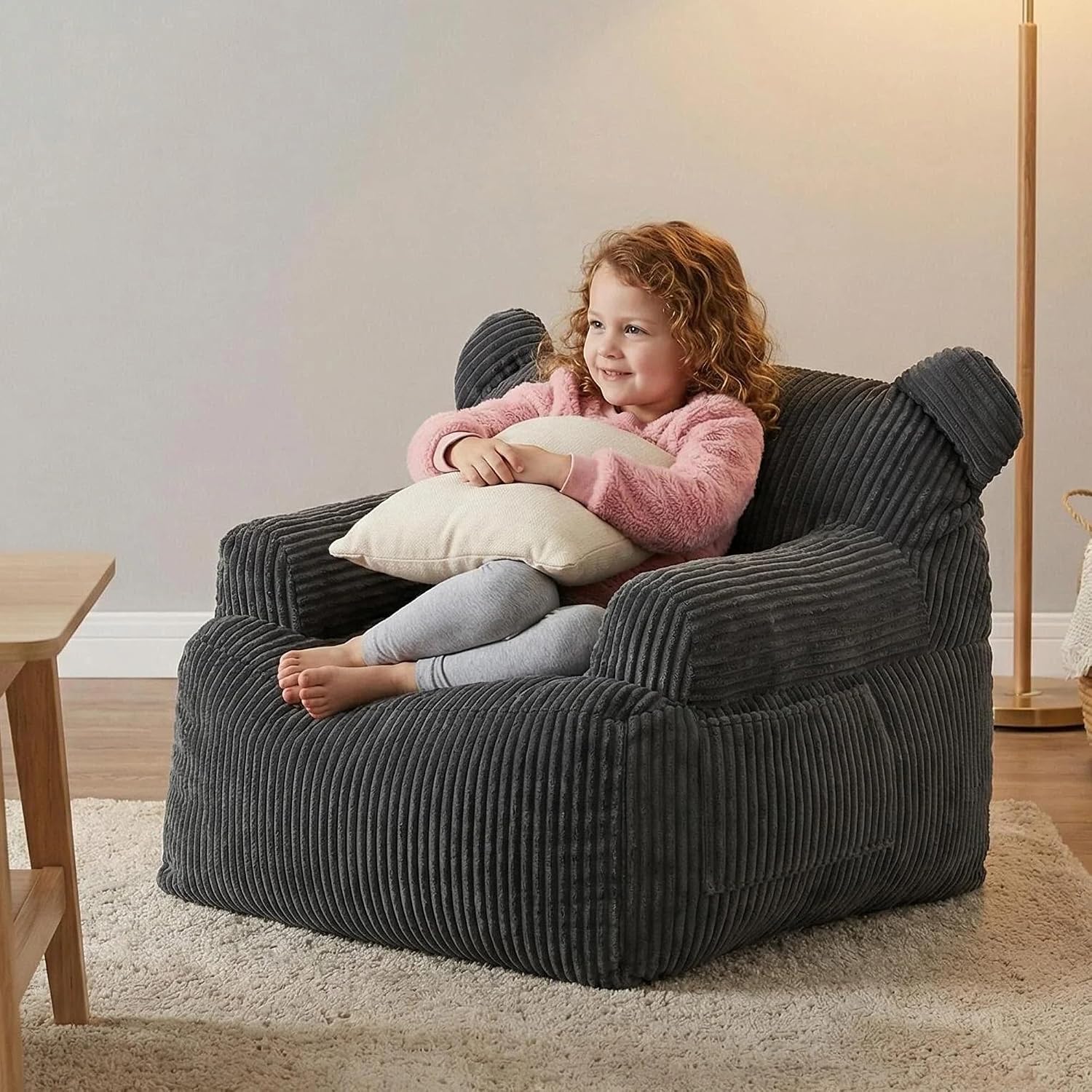 Kids Bear Ear Bean Bag Chair, Stuffed Toddler Sofa Chair with Pocket, Lazy Floor Chair for Boys and Girls, for Gaming, Reading, Nursery Playroom Bedroom