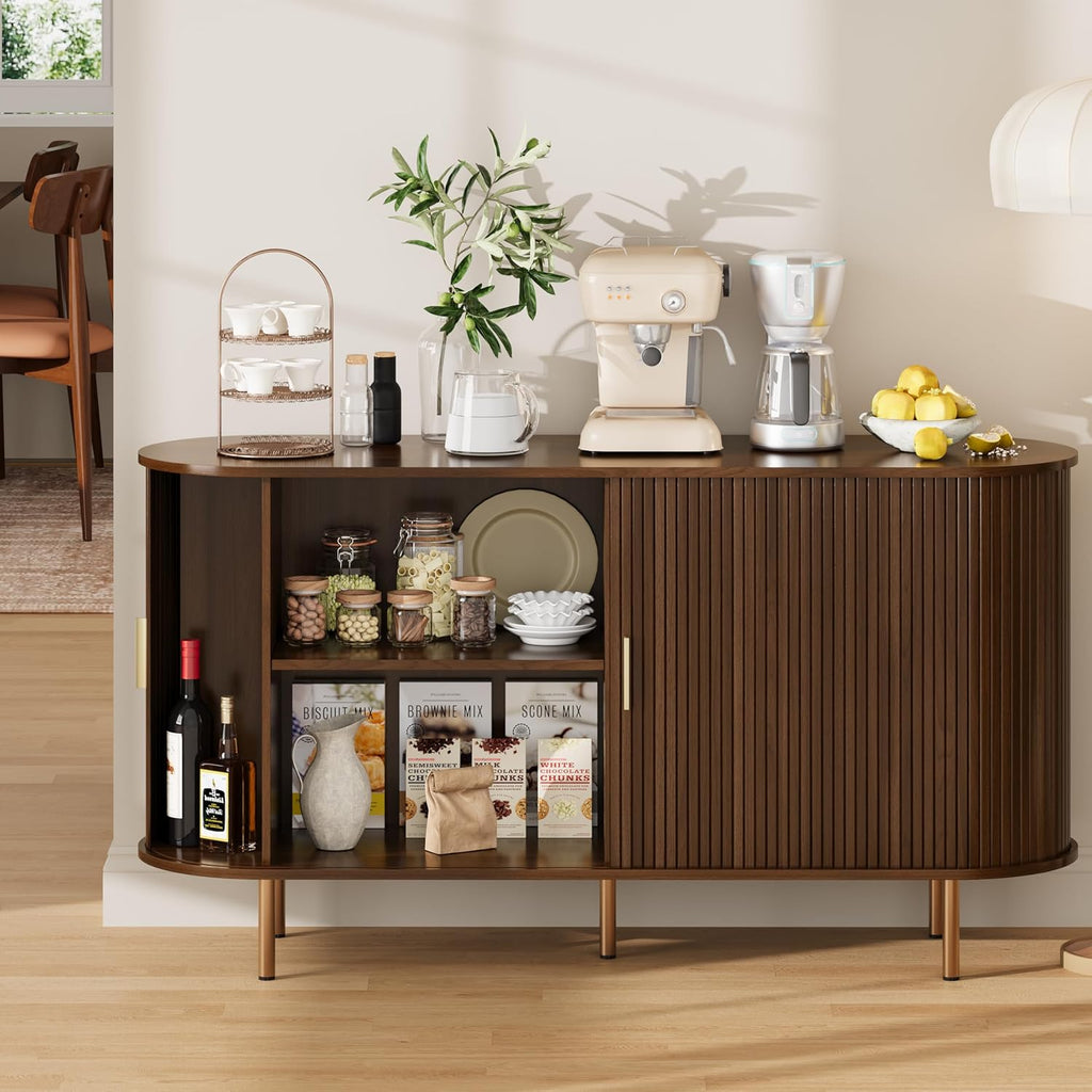 DHH Sideboard Buffet Cabinet with Storage,Mid Century Modern Fluted Accent Coffee Bar Console Table,Tambour Sliding Doors& Adjustable Shelf for Kitchen, Living Room, Entryway(Walnut,55 Inch)