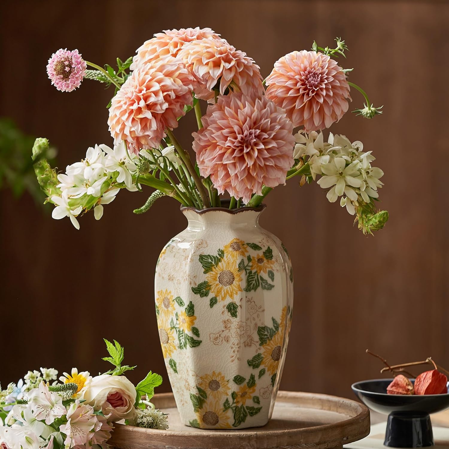 Levvohd Vintage Octagonal Ceramic Vase Sunflower Pattern 9.3 Inch | Rustic Farmhouse Antique, Chinoiserie Floral, Pastoral, For Wall Art Bedroom and Shelf