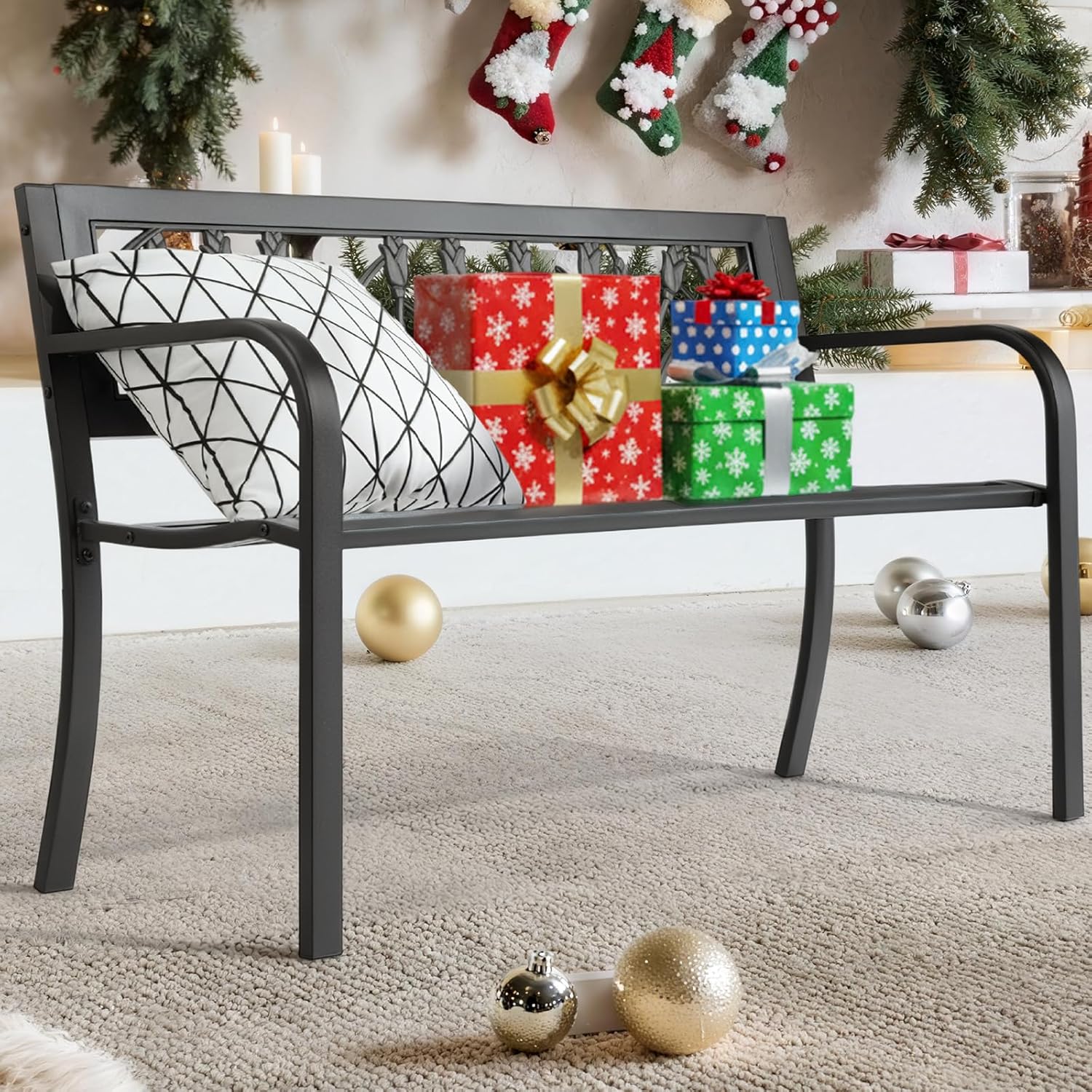 VINGLI Outdoor Metal Bench w/PVC Back - All Weather Resistant Black Garden Patio Bench for Entryway Front Porch Entryway Decor Deck (Black, Tulip)