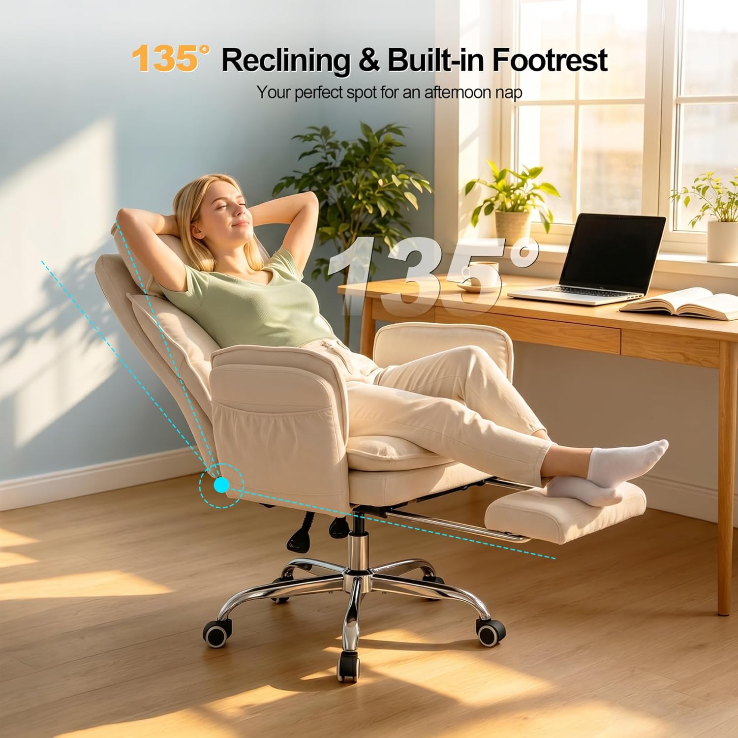 Office Chair with Flip Armrests & Foot Rest,Criss Cross Legged Home Office Desk Chair with Pet Seat,Ergonomic Reclining Computer Gaming Chair,High Back Executive Chair with Lumbar Pillow(White)