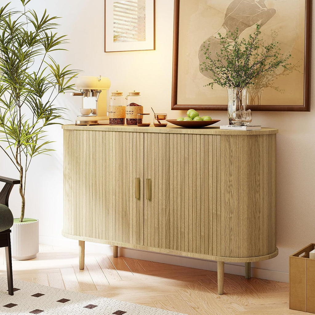 Sideboard Buffet Cabinet,46.85" Fluted Sideboard Storage Cabinet with Fluted Sliding Door,Modern Stand Console Cabinet for Kitchen & Living Room,Restaurant,Entryway(Light Oak)