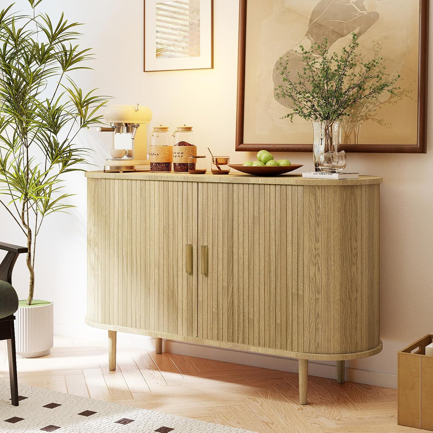 Sideboard Buffet Cabinet,46.85" Fluted Sideboard Storage Cabinet with Fluted Sliding Door,Modern Stand Console Cabinet for Kitchen & Living Room,Restaurant,Entryway(Light Oak)