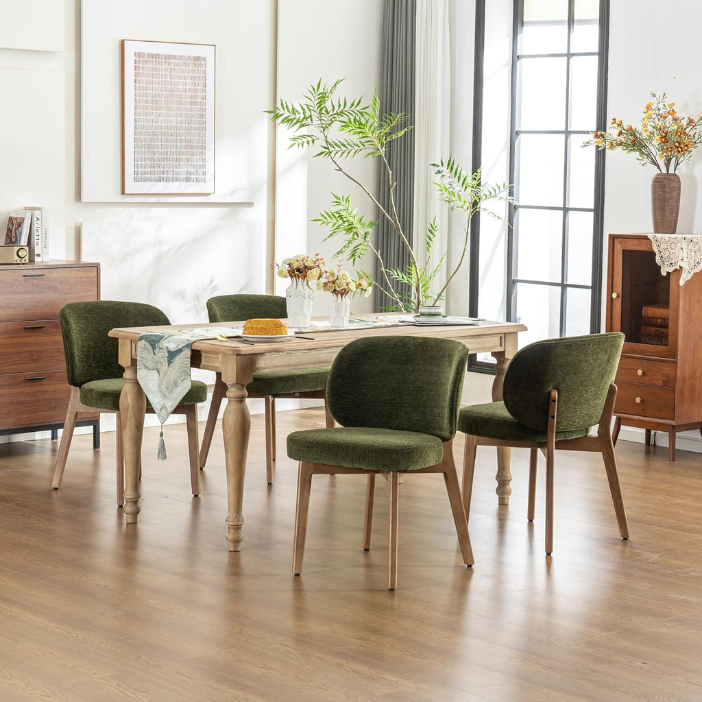 YOUNIKE Dining Chair with High Back Set of 8 Mid Century Modern Kitchen Chair Boucle Fabric Upholstered Armless Accent Chair 20" Wide Padded Seat with Wooden Legs for Living Room Bedroom Olive Green