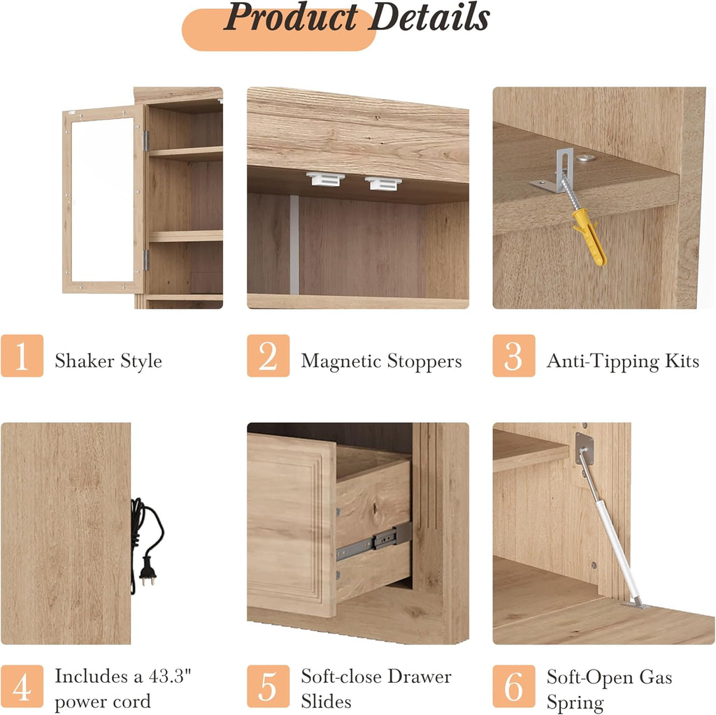 Merax 78" Pantry Cabinet with Charging Station, Farmhouse Kitchen Pantry Cabinet with Microwave Stand, Versatile Storage Cabinet for Kitchen, Dining Room, Natrual