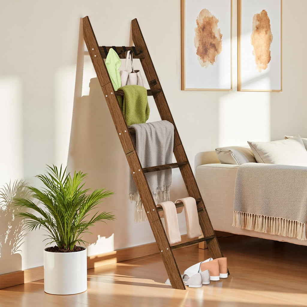 6-Tier Blanket Ladder for Living Room, 5.6FT Pine Wood Quilt Rack with 4 Anti-Slip Straps and 4 Removable Hooks, Lightweight, Easy Assembly, Hinged Design, Farmhouse Decorative Shelf