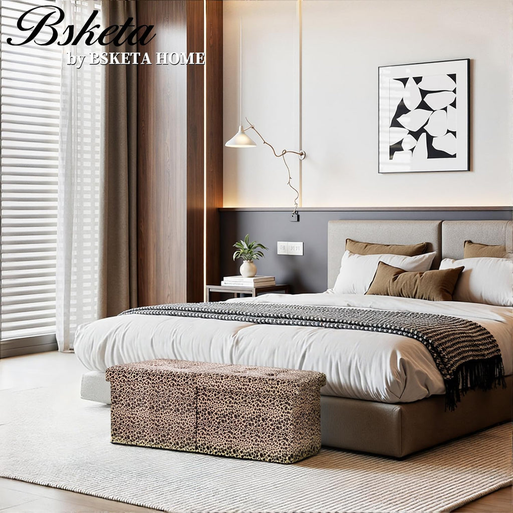 Bsketa Storage Ottoman Bench with Folding Lid Ⅲ, Foot Stools Opens on Both Ends, Footrest Foldable Velvet Chest for Living Room, Bedroom, Entryway, End of Bed Storage Blanket Ottomans Leopard Print