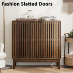 Sideboard Buffet Cabinet with Storage, Freestanding Kitchen Storage Cabinet with 2 Slatted Doors and Adjustable Shelves, Wooden Cupboard for Kitchen, Entryway (Slatted Door Walnut)