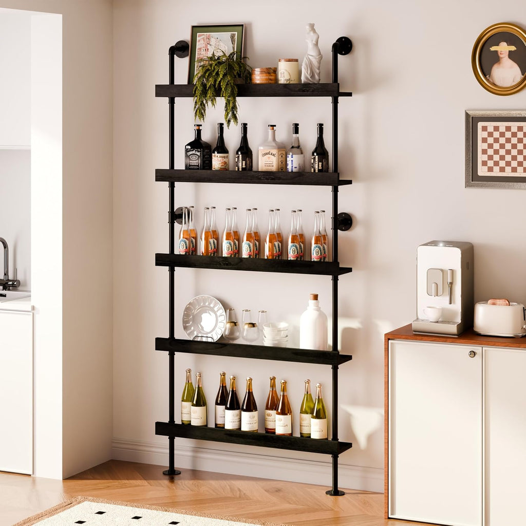 Industrial Wine Rack Wall Mounted, Industrial Pipe Bar Shelf for Wine Display, 5-Tier Rustic Hanging Organizer for Wine Bottle Storage in Kitchen, Bar, Pub, Cellar(Black, 36 Inch)