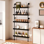 Industrial Wine Rack Wall Mounted, Industrial Pipe Bar Shelf for Wine Display, 5-Tier Rustic Hanging Organizer for Wine Bottle Storage in Kitchen, Bar, Pub, Cellar(Black, 36 Inch)
