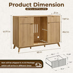 OKD 60" Fluted Coffee Bar Cabinet with Mini Fridge Space, Natural Oak | Mini Fridge Compatible, Built In Charging Station, 3 Stemware Racks, 2 Drawers, 2 Cabinets, Home Bar Cabinet Storage