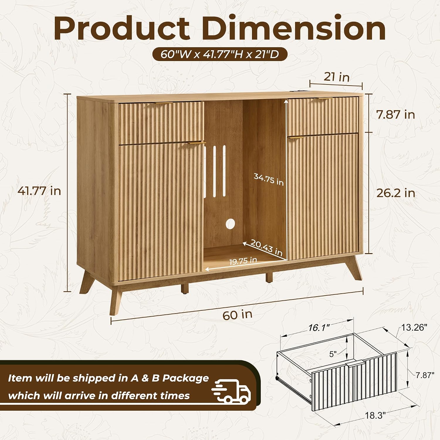 OKD 60" Fluted Coffee Bar Cabinet with Mini Fridge Space, Natural Oak | Mini Fridge Compatible, Built In Charging Station, 3 Stemware Racks, 2 Drawers, 2 Cabinets, Home Bar Cabinet Storage