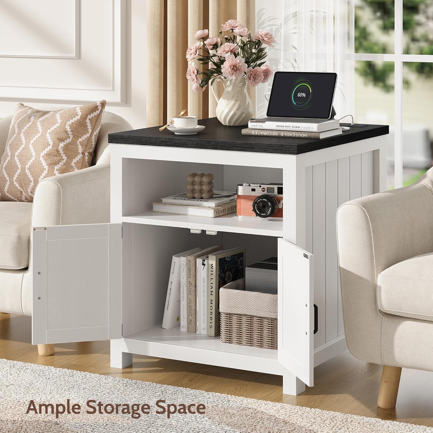 24" Farmhouse End Table Set of 2 with Charging Station, Large Square Side Table with Open Shelf and Barn Door Storage for Living Room, Bedroom (White)